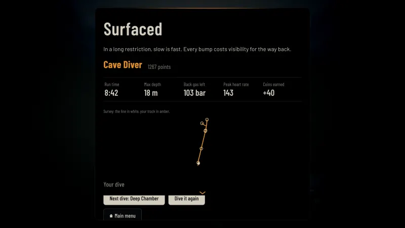 The debrief screen with run time, depth, gas and the dive's survey